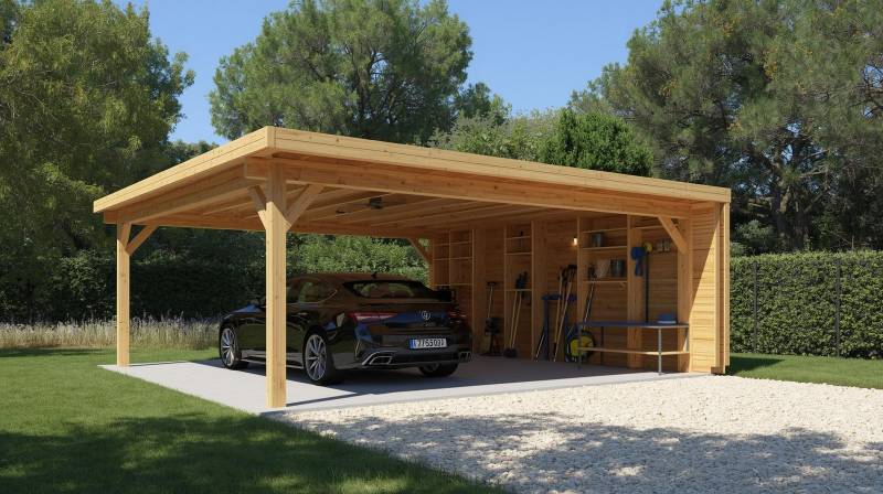 Aménagement carport en bois sur mesure avec toiture solide et espaces de rangement pour protéger les véhicules et le matériel extérieur à proximité d'Aix en Provence