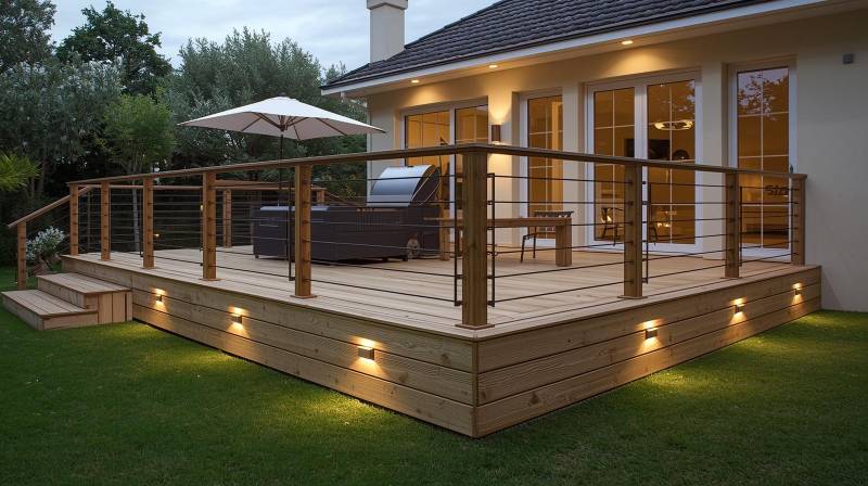 Aménagement terrasse bois avec garde-corps, éclairage et matériaux durables et résistants aux intempéries proche de Marseille