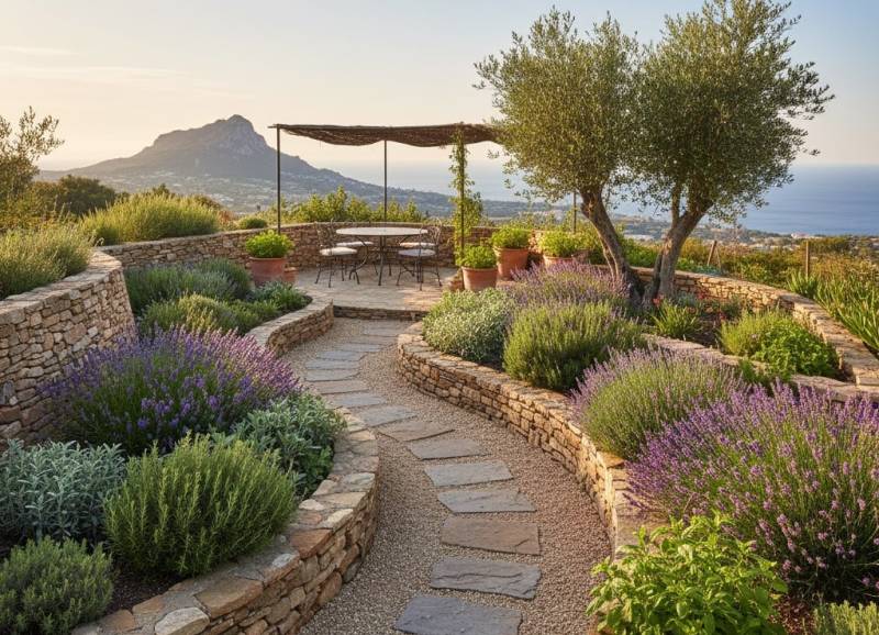 Plan de jardin aromatique avec murets et pas japonais vers coin repas à Toulon 83000, Var