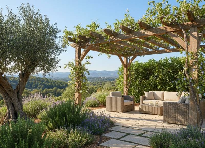 Étude de jardin semi-ombragé avec pergola bois et plantation d’essences locales à Saint-Rémy-de-Provence 13210, Bouches-du-Rhône