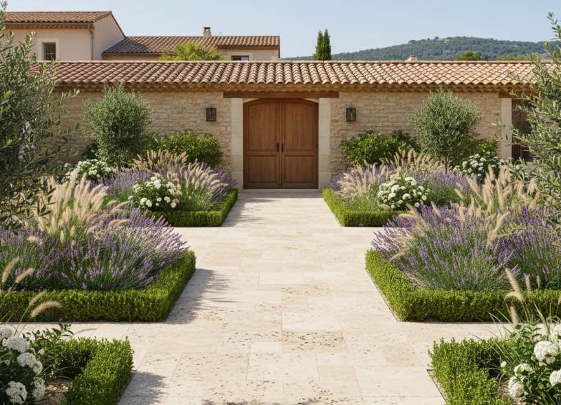 Aménagement d’un jardin d’accueil avec allée en travertin et massif structuré à Aix-en-Provence 13080, Bouches-du-Rhône